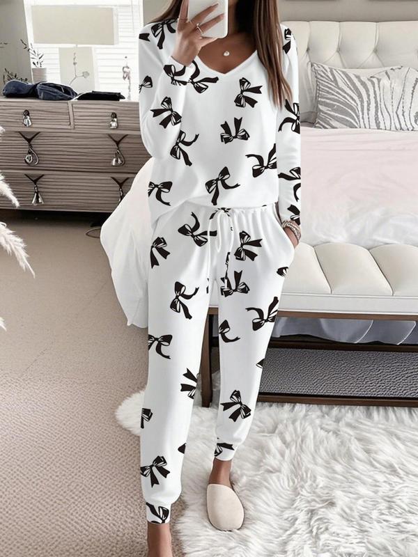 HALLIE™ - Strikprint V-Hals Lange Mouwen Top met Tailleband Broek Set