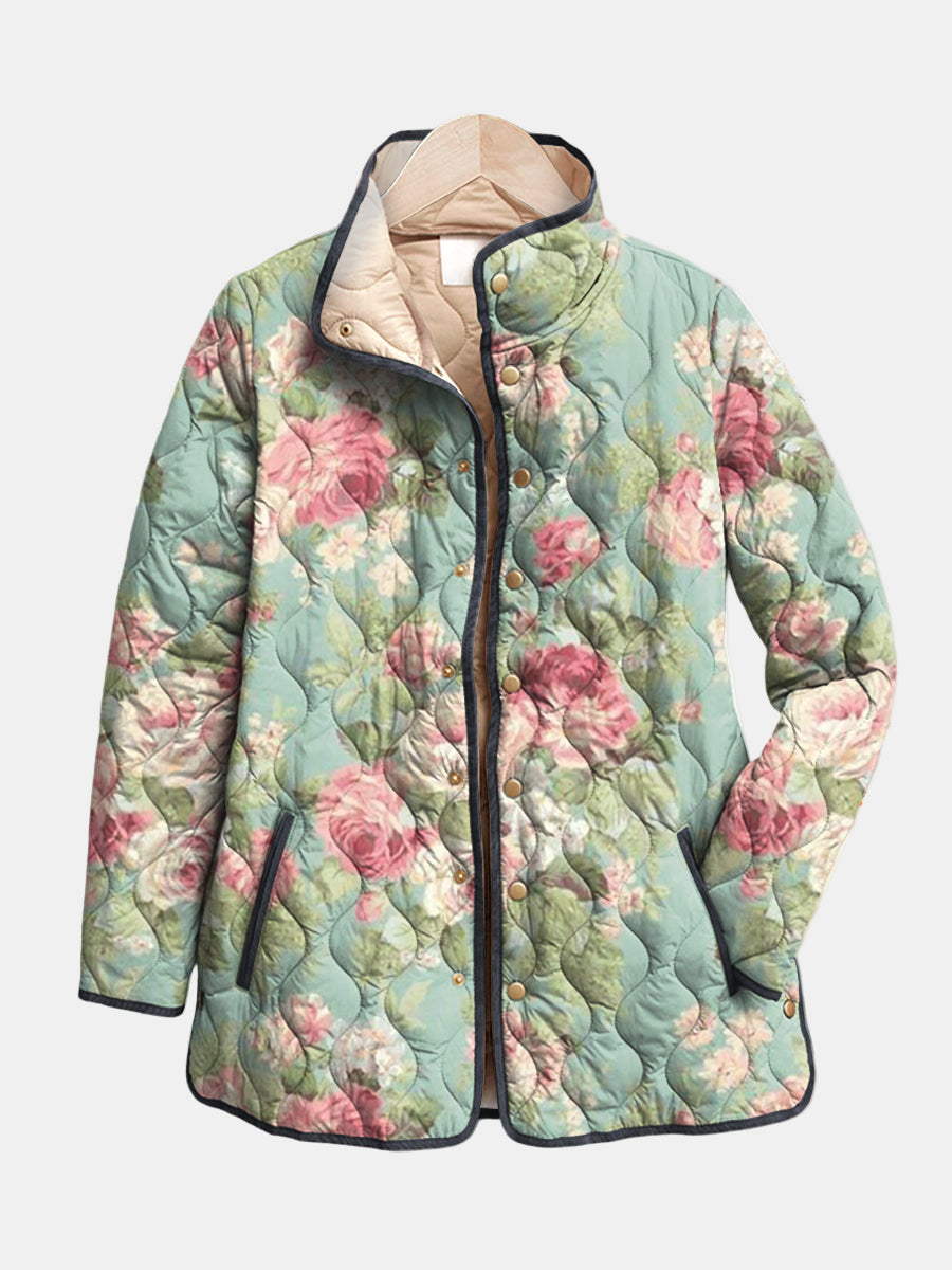 Lichtroze Gewatteerde Jas met Vintage Rozen