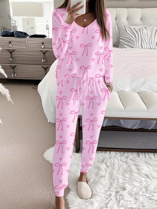 HALLIE™ - Strikprint V-Hals Lange Mouwen Top met Tailleband Broek Set