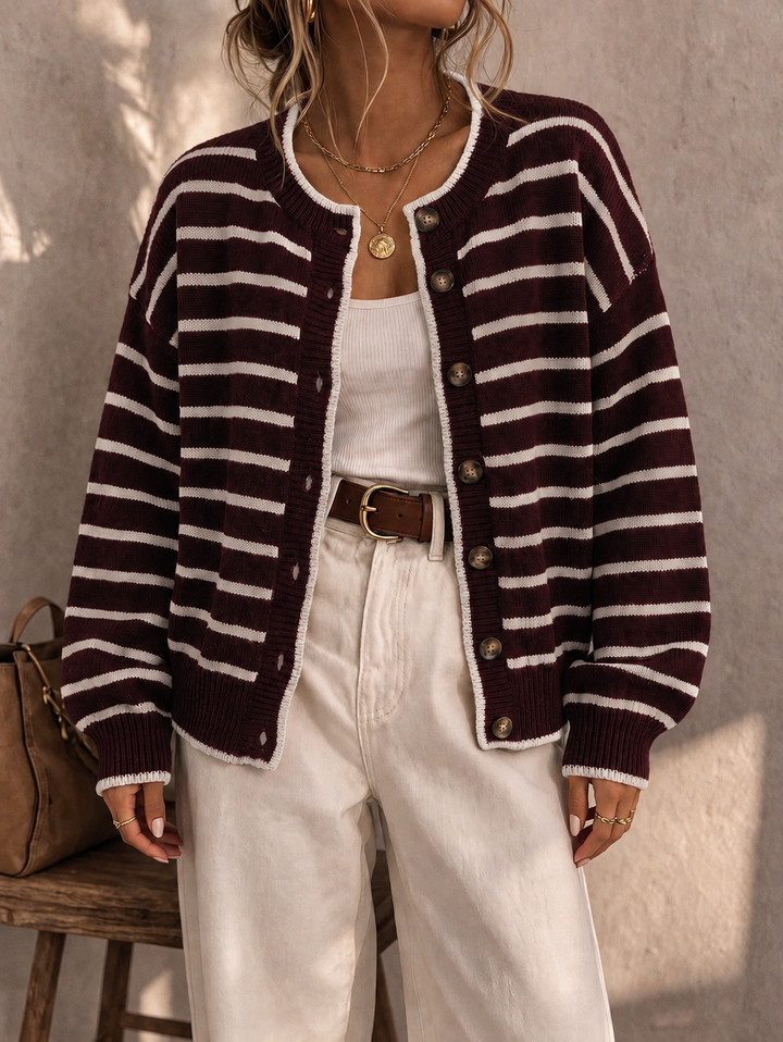 Céliane | Elegante Gestreepte Brei Cardigan