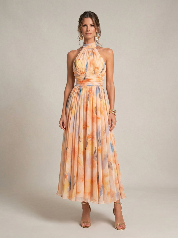 Ester™ - Halterdecolleté Jurk met Aquarelprint