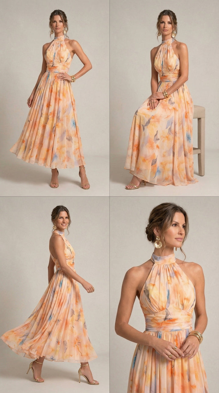 Ester™ - Halterdecolleté Jurk met Aquarelprint