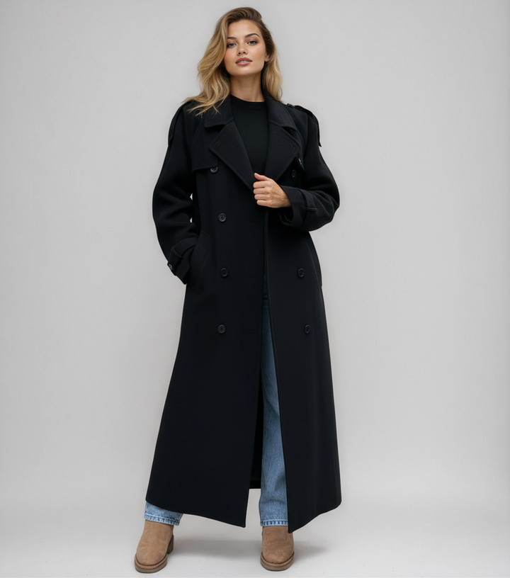 Dames Lange Dubbelgeknoopte Winterjas – Zwart Wolmix, Warm en Elegant voor Koude Dagen