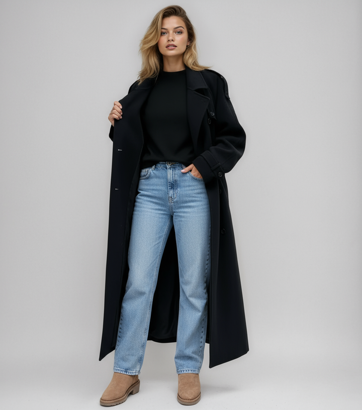 Dames Lange Dubbelgeknoopte Winterjas – Zwart Wolmix, Warm en Elegant voor Koude Dagen