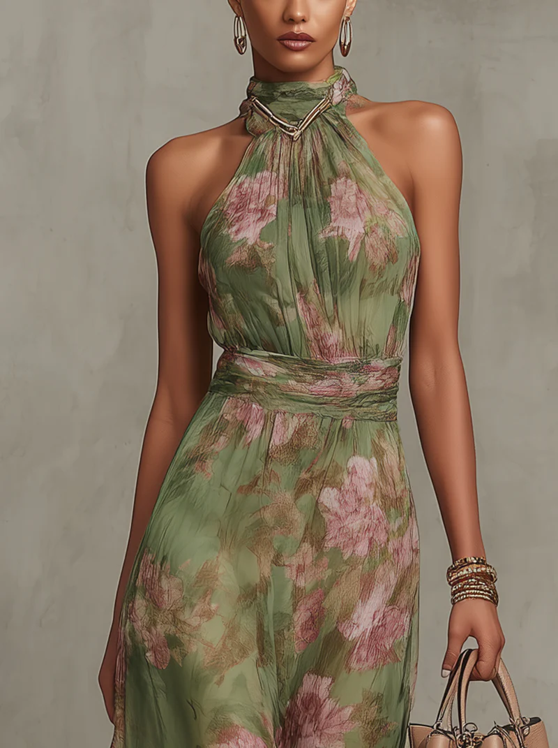 Kamila | Maxi Jurk met Halterhals en Bloemenprint