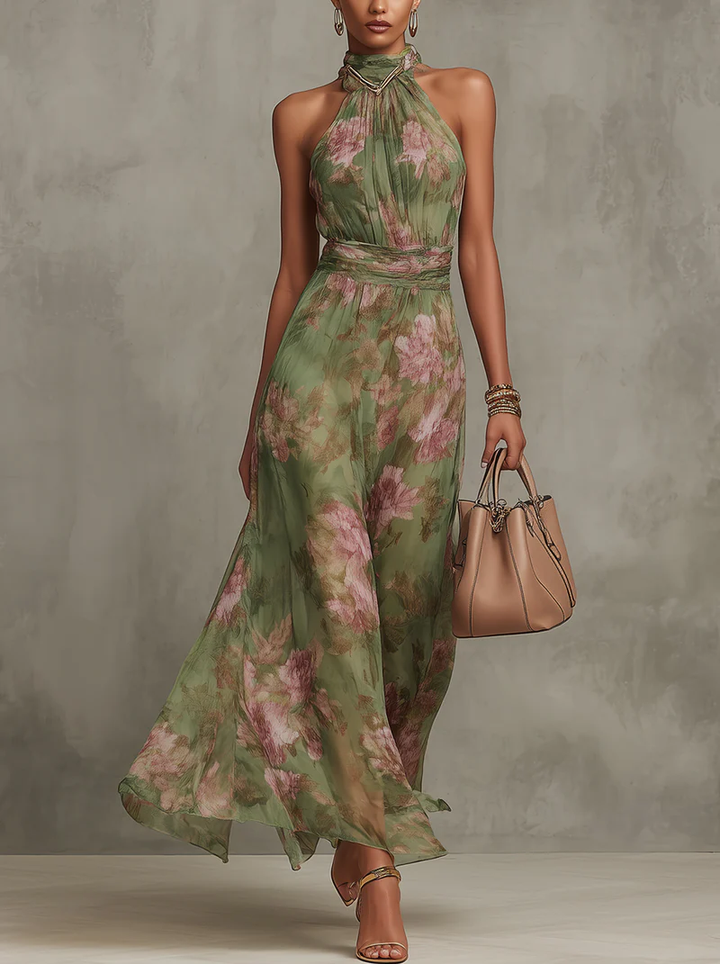 Kamila | Maxi Jurk met Halterhals en Bloemenprint