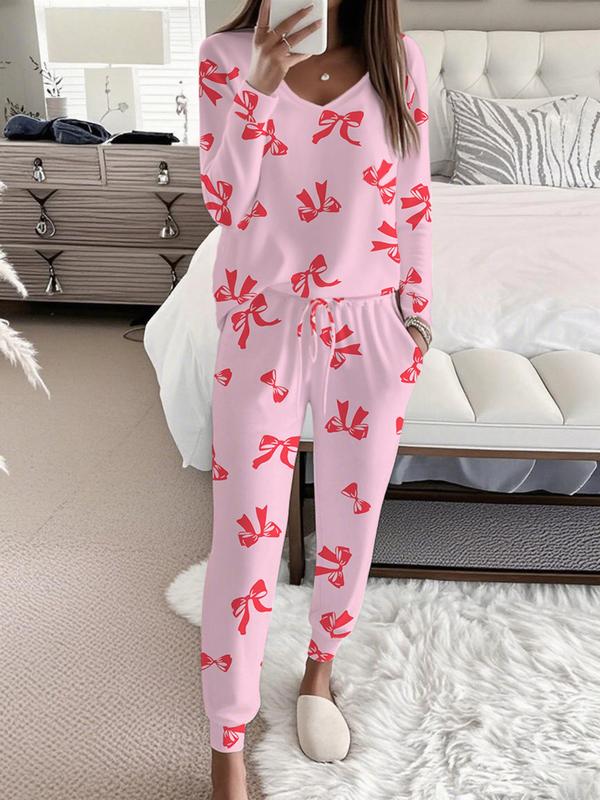 HALLIE™ - Strikprint V-Hals Lange Mouwen Top met Tailleband Broek Set