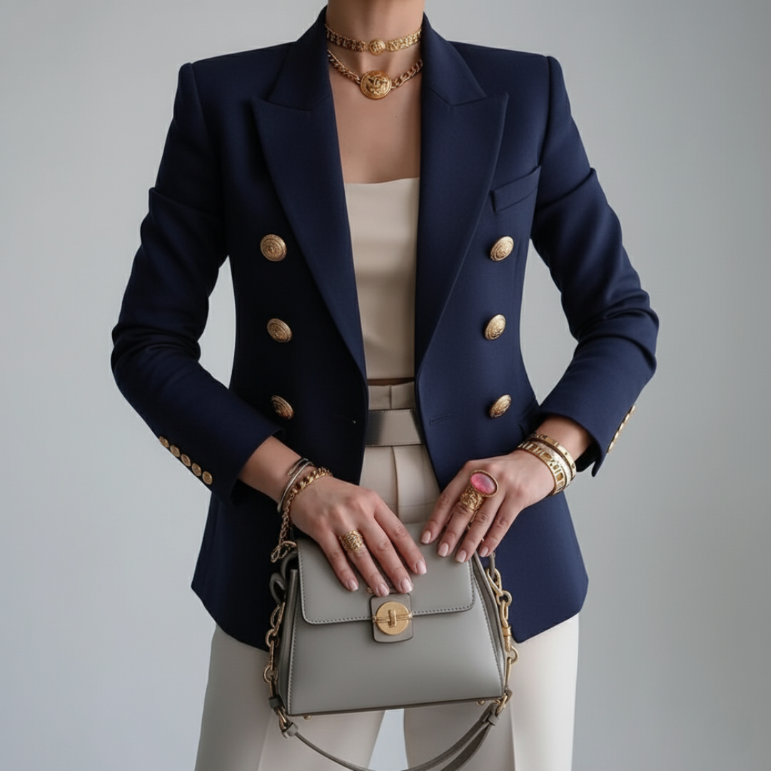 Dames Dubbelbreasted Blazer met Puntkraag en Gouden Knopen
