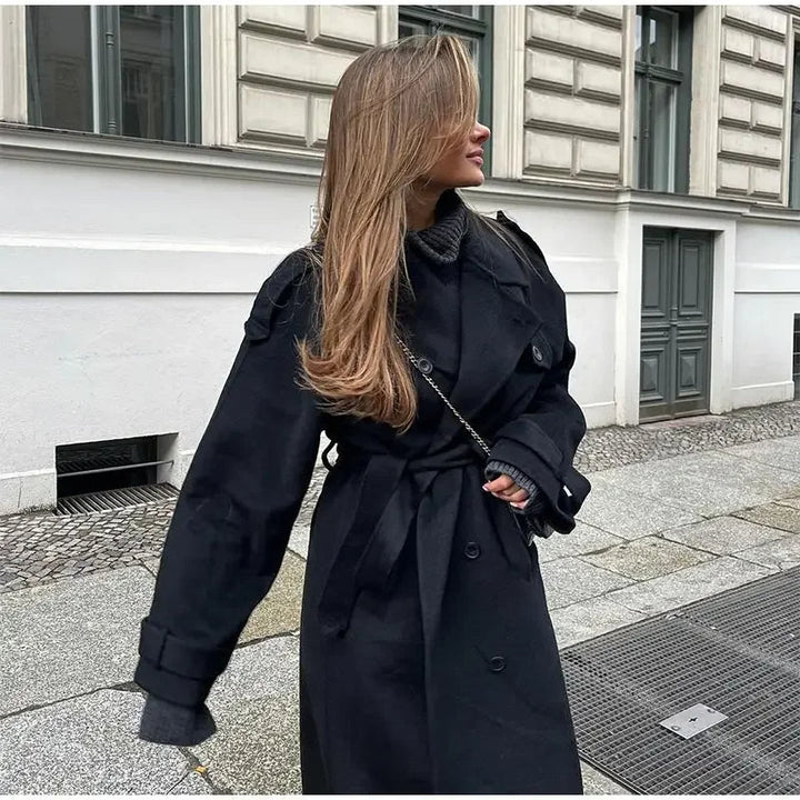 Dames Lange Dubbelgeknoopte Winterjas – Zwart Wolmix, Warm en Elegant voor Koude Dagen