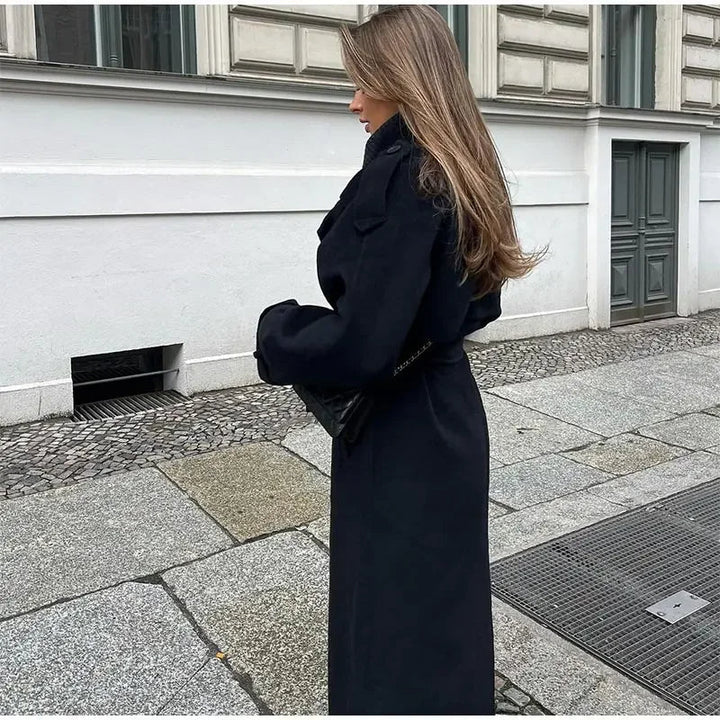Dames Lange Dubbelgeknoopte Winterjas – Zwart Wolmix, Warm en Elegant voor Koude Dagen