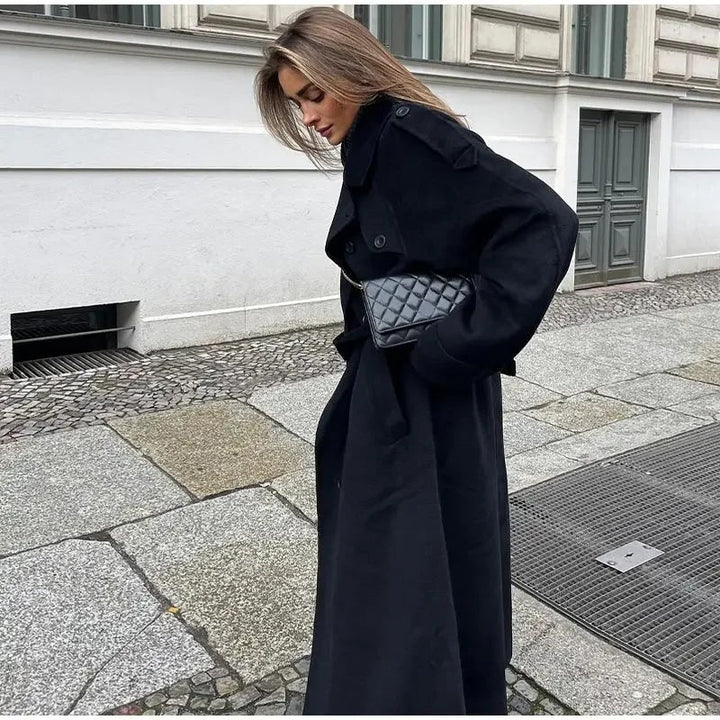 Dames Lange Dubbelgeknoopte Winterjas – Zwart Wolmix, Warm en Elegant voor Koude Dagen